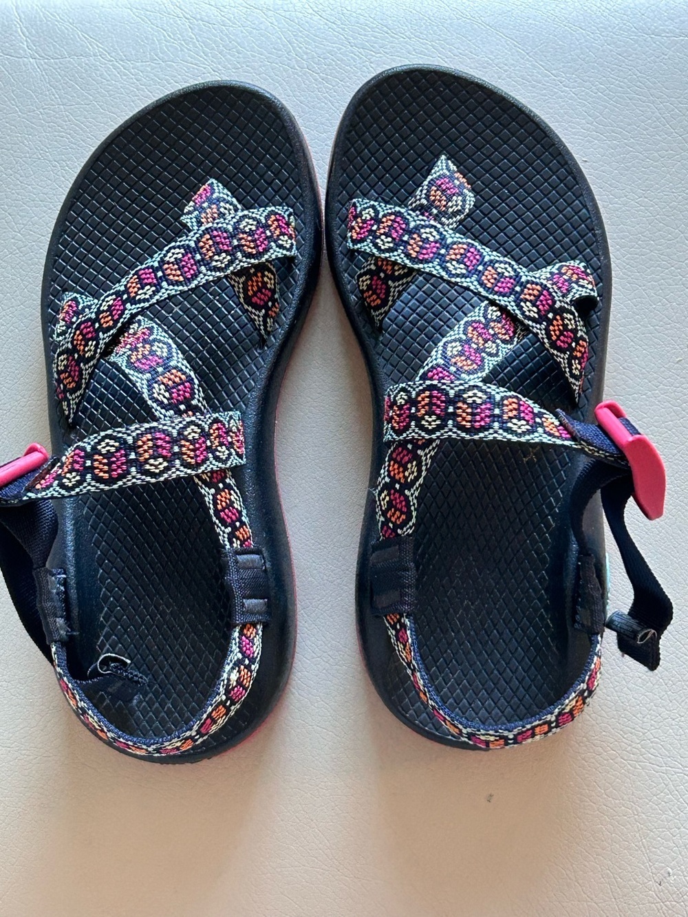 Chaco Blue Peace Black Sandals Pink & Orange Accent Adjustable Straps Size 6